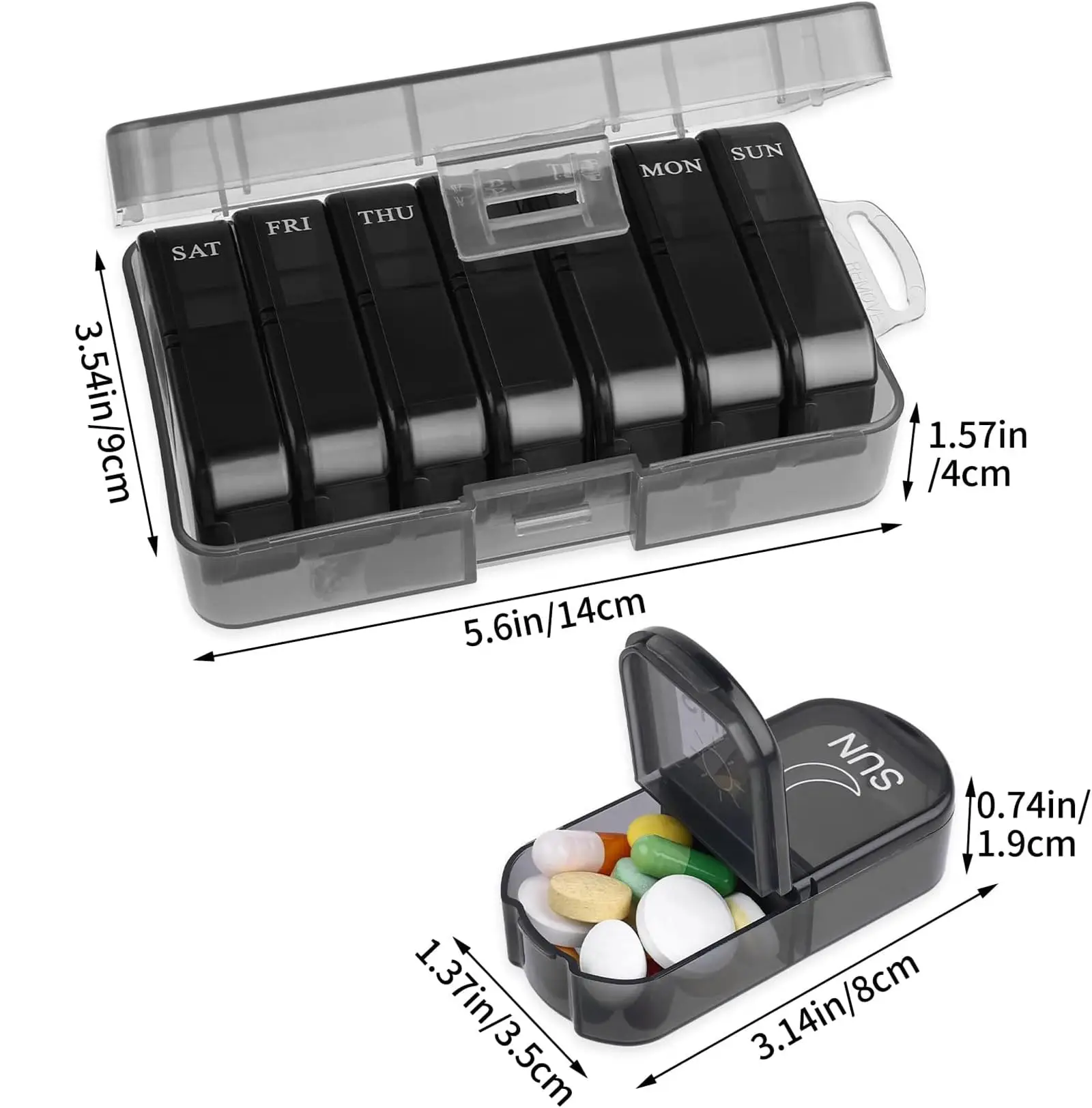UNTIOR  Portable Weekly Pill Box Morning and Evening Large Capacity Travel with 14 Compartments to Hold Pills Vitamins