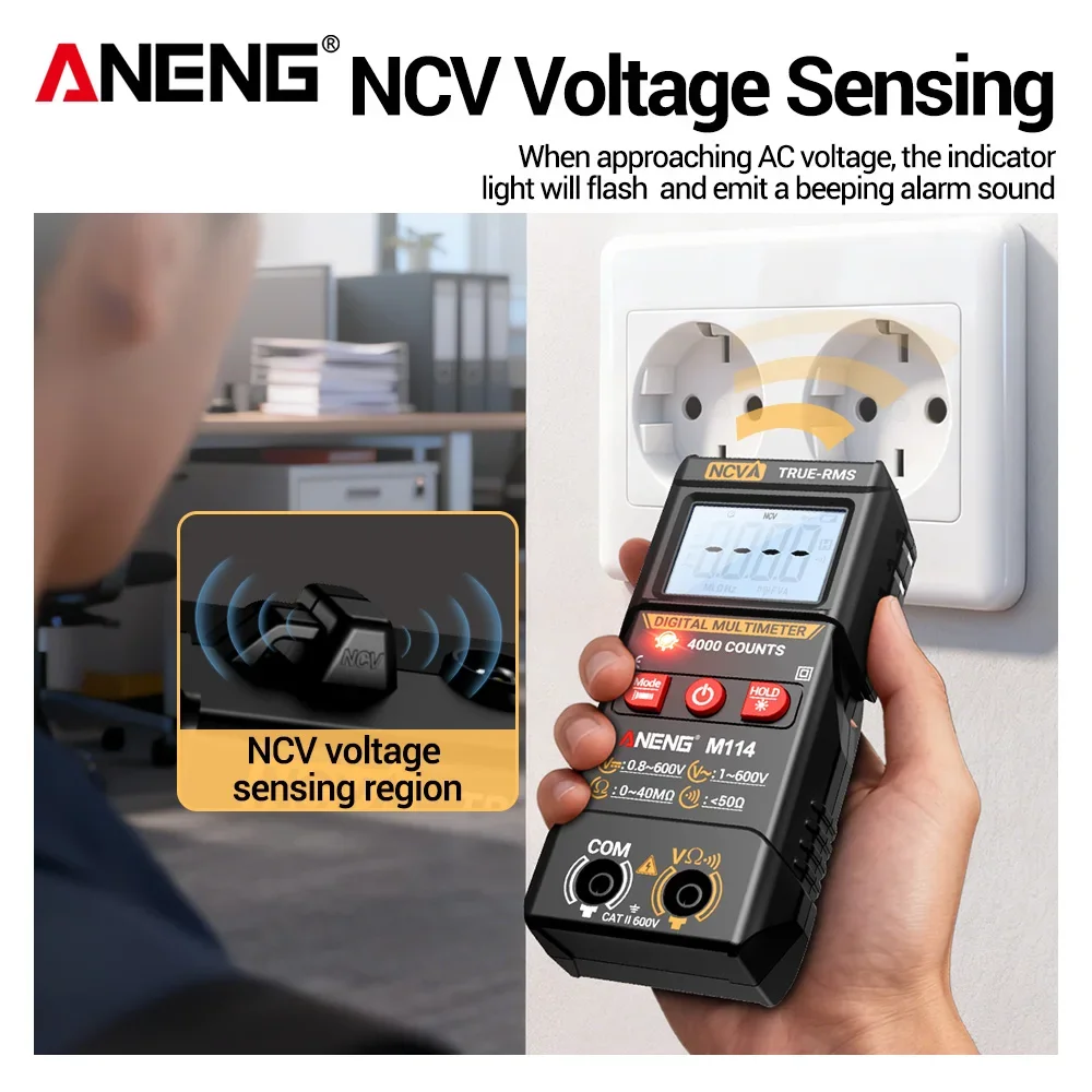 Main tenant le multimètre numérique ANENG M114 4000 comptes mesurant une tension sur un circuit, parfait pour électricien et bricolage.
