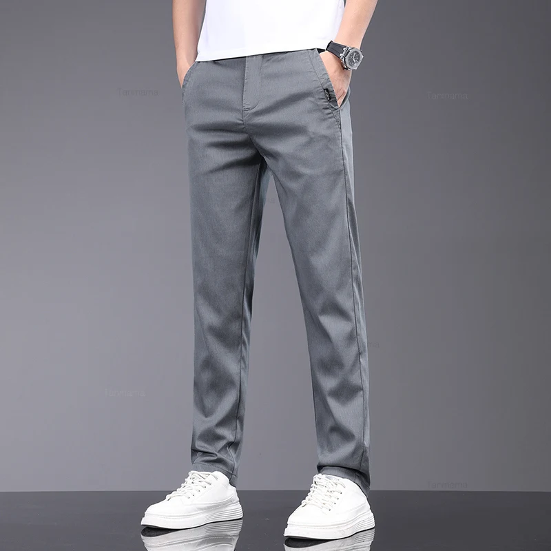 Summer Ultra-thin Men's Lyocell Casual Pants Breathable Soft Ice Silk Elastic Straight Business Trousers Black Gray casual pants