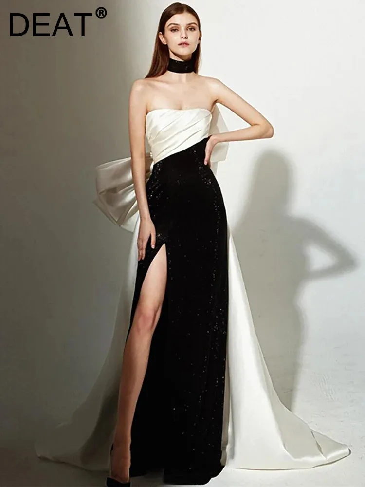 

DEAT Women Fashion Dress Sequins Bow Strapless Trailing Patchwork Contrast Color Split Party Dresses Spring 2024 New 13DB2949