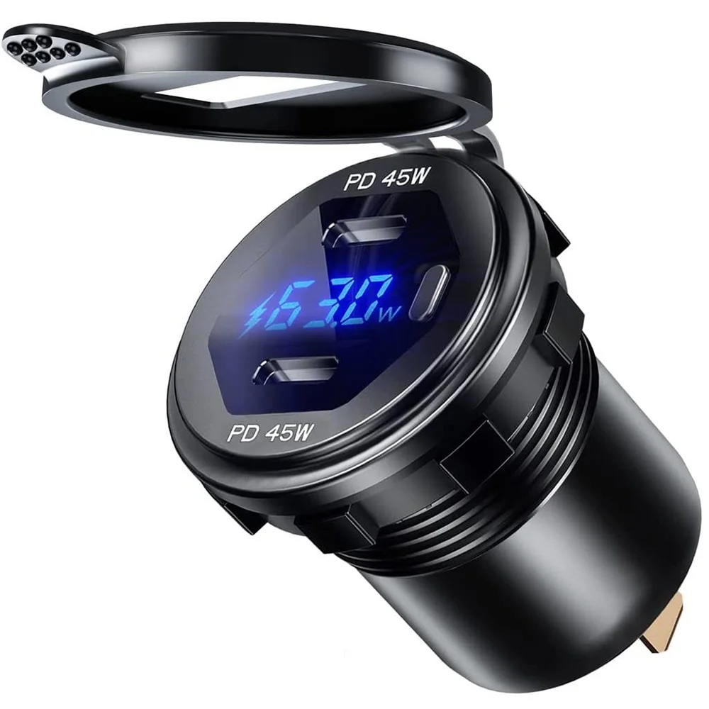 Alluminio Doppio 45W Usb C Tipo C Pd 45W Caricabatterie Auto Veloce Con Display Di Tensione/Potenza Per Suv Moto Camion Barca Bus Rv Atv
