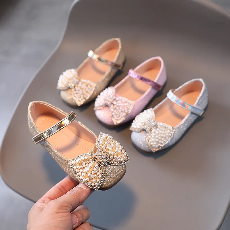 AINYFU Girls Butterfly Leather Shoes New Fashion Spring Girls Bling Pearl Princess Shoes Children's Anti-slip Dance Shoes G974