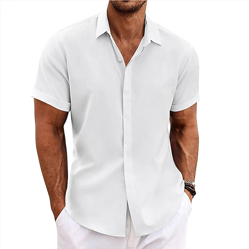 Summer New Solid Color Fashion Short Sleeve Shirt Man High Street Casual Loose Button Cardigan Men Fiberflax All-match Tops
