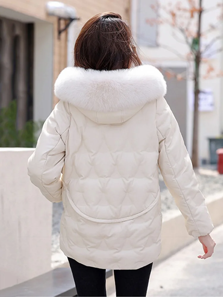 New Women Sheep Leather Down Jacket Winter Fashion Hooded Real Fox Fur Collar Thicken Warm Leather Coat Casual Loose Topscoat