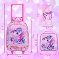 3PCS Rolling Backpack for Girls Kids  Wheeled School BookBag With Lunch And Pen Bag  Pink Butterfly Glow-in-the-dark Function 3