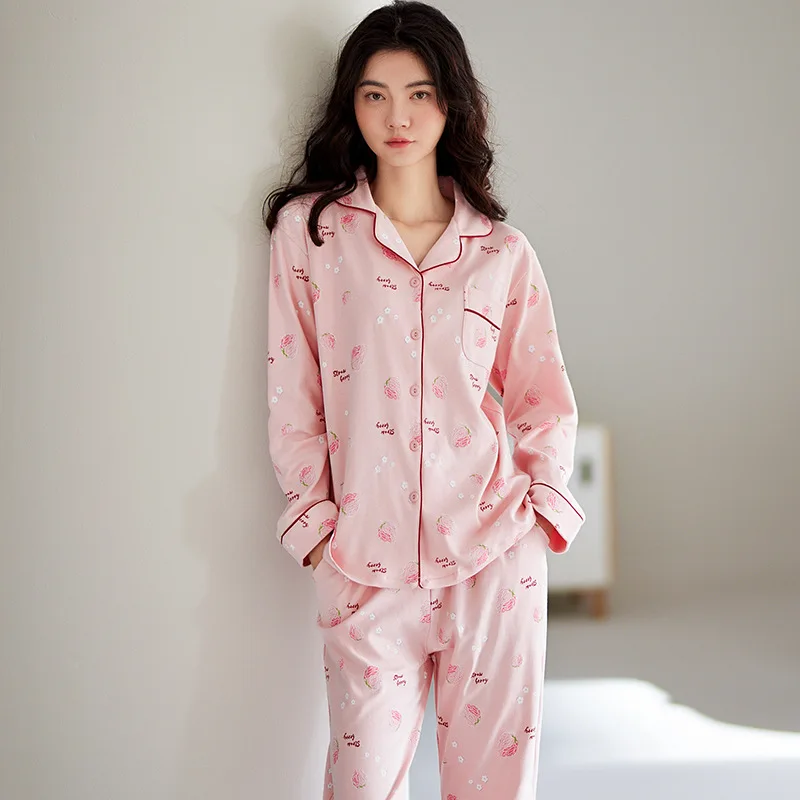 Spring Autumn Women's Pure Cotton Pajamas Lapel Long Sleeve Cardigan Pants Loose Fit Home Clothing Set Sweet Cute Sleepwear