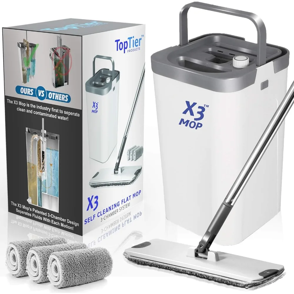 

Separates Dirty and Clean Water, 3-Chamber Design, Flat Mop and Bucket Set, Hands Free Home Floor Cleaning,