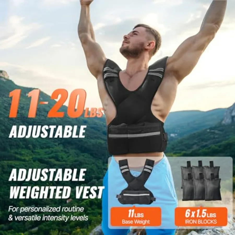 Adjustable Weighted Vest, 11-20lb Weight, 6 Ironsand Weights, Reflective Stripe, Weight Vest Exercise Set, for Men Women, for St
