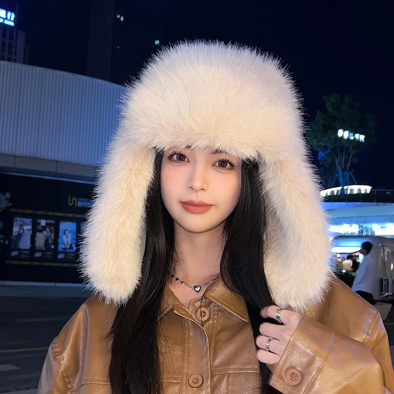 Winter Plush Faux Fur Hat for Women Thick Fluffy Ear Protection Cap Windproof Warm Headgear Bomber Hat Female Panama Russian Cap 3