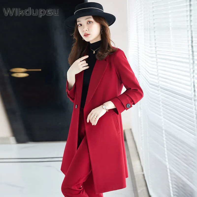 

Women Work Business Wear Pant Suit Red Blue Black Solid Long Formal Blazer Set Female Office Ladies Jacket and Trouser 2 Piece