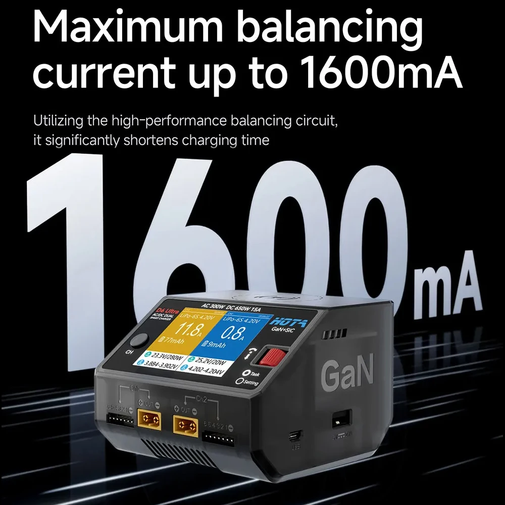 Двухканальное зарядное устройство HOTA D6 Ultra AC 300 Вт/DC 650 Вт (GaN+SiC) для 1-6S LiPo/LiHV/NiZn/NiCd/NiMH (XT60) FPV thumbnail 5