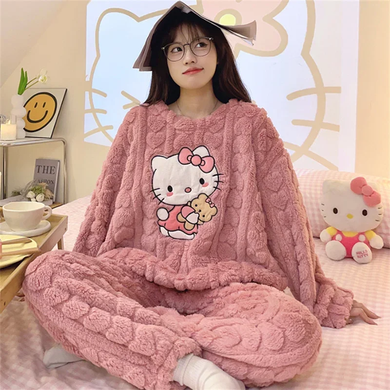 Hello Kitty Pajamas Sanrio Anime Female Thickening Coral Fleece Outerwear Warm Suit