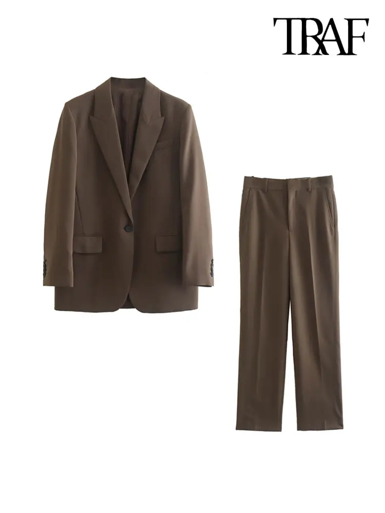 

TRAF Women Fashion With Pockets Oversized Blazer Coat And Mid Waist Zipper Fly Pants Female Two Piece Sets Mujer