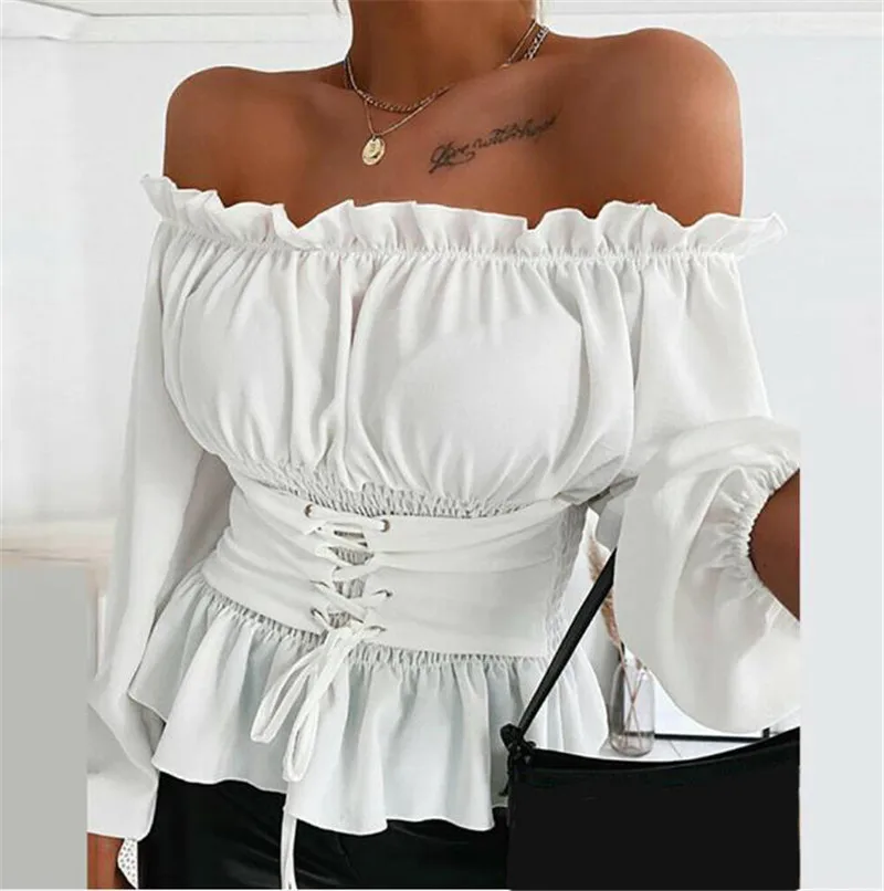 

Spring and Autumn Fashion Sexy Women Off Shoulder Blouse Tops Street Style Solid Color Lantern Long Sleeve Women Pullover Tops