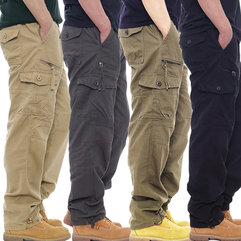 

Simple cotton cargo pants, men's casual pants, elastic waistband pants, multi-pocket loose trousers, construction site pants