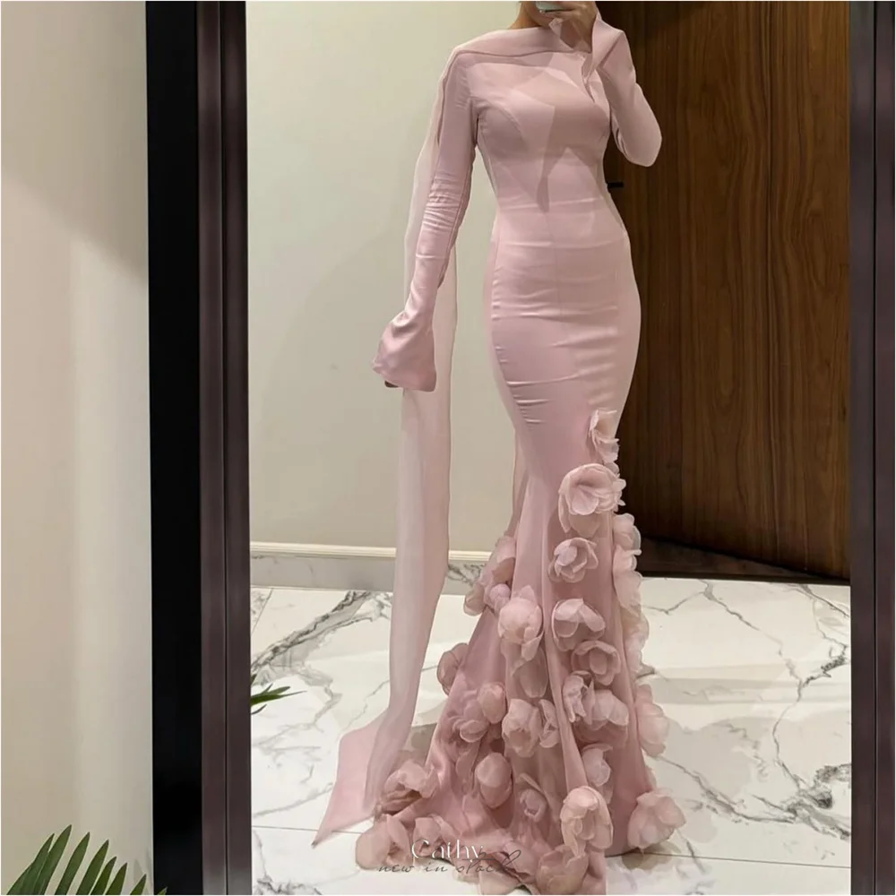 Cathy Pink Halter Mermaid Sexy Prom Dresses Appliques Long Sleeve  Floor-Length | eBay