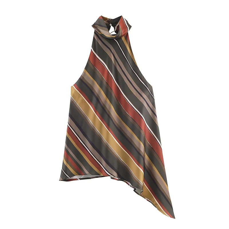 New Halter Tops Fashion Backless Stripe Elegant Crop Top Woman Sleeveless Asymmetry Short Tops For Women High Street Casual Tops