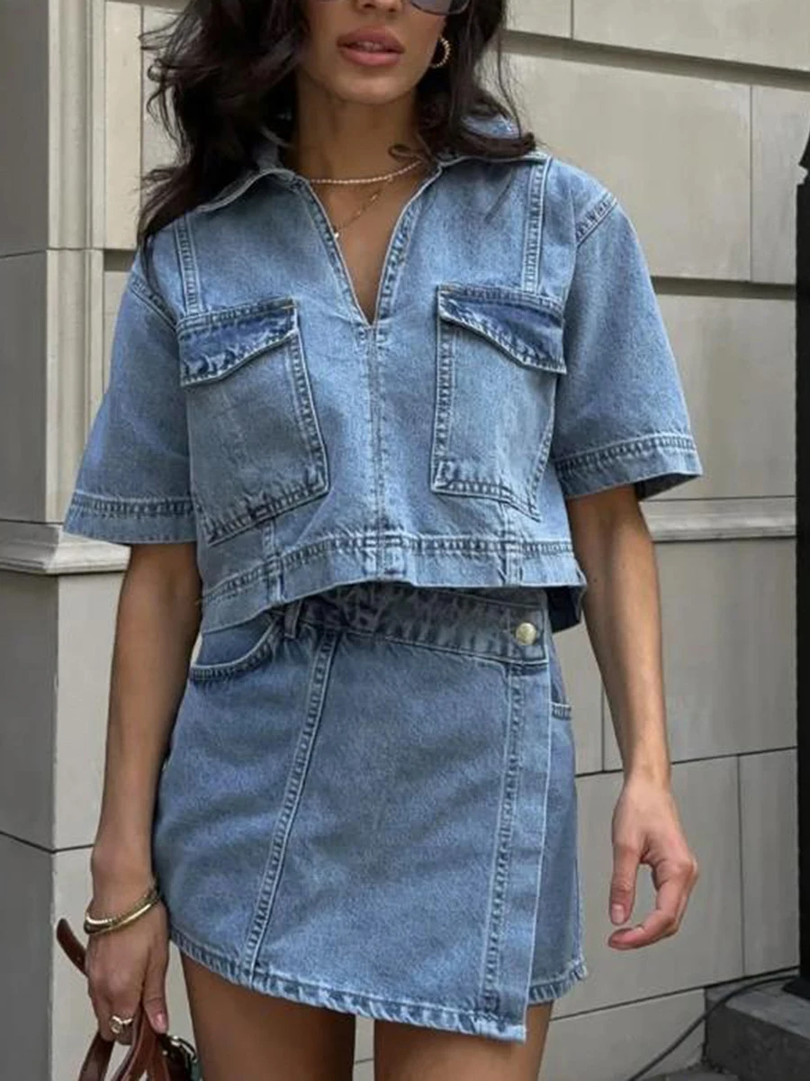 Womens Denim Co-ord Set with Asymmetrical Shorts