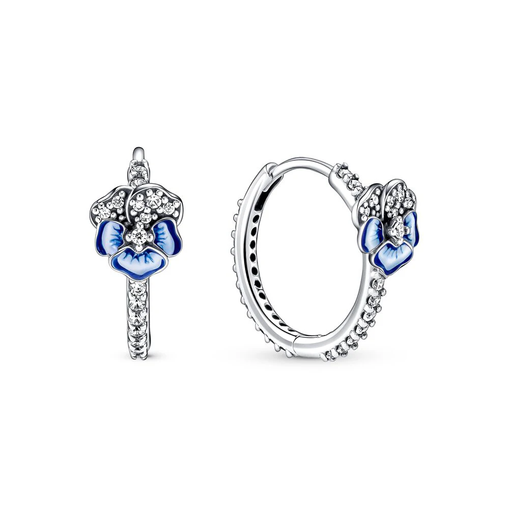 2022 NEW 925 Sterling Silver Pan Blue Butterfly Hoop Sparkling Freehand Heart Hoop Earrings Deep Purple Pansy Flower Ring Gifts