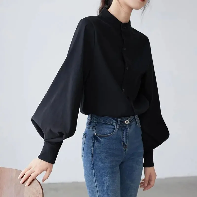 

GIDYQ Black Stand Up Collar Shirt Women Harajuku Vintage Lantern Sleeve Blouse Korean Loose Casual All Match Tops Spring New