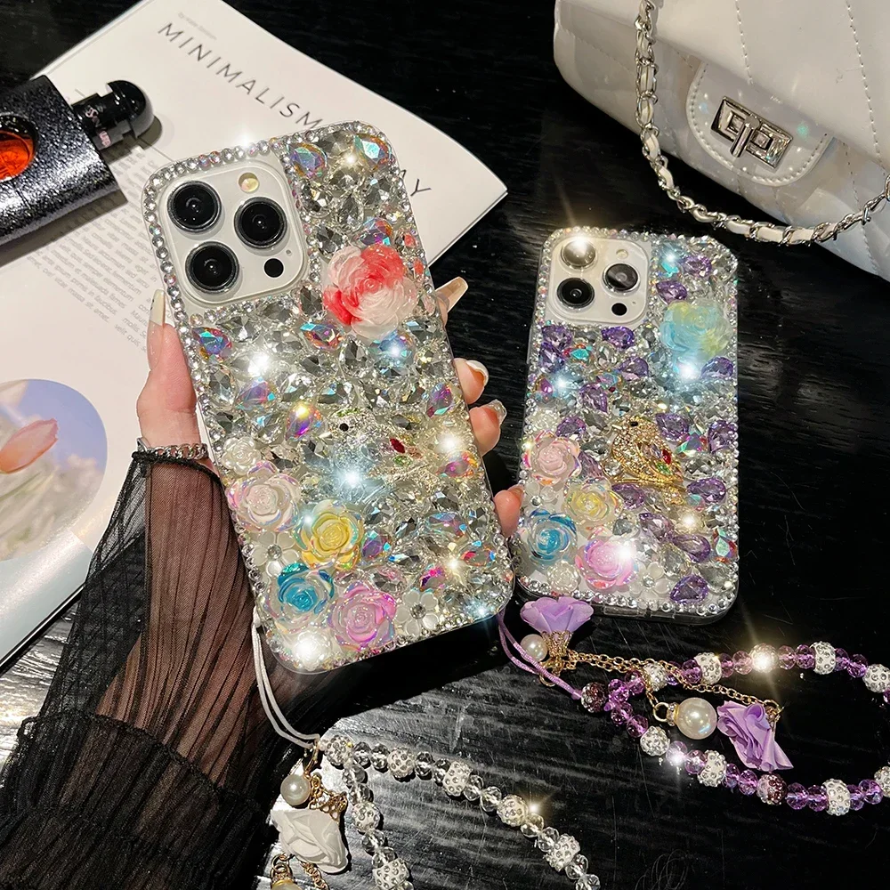 

Fashion Colorful Gradient Rose Flowers Case for Samsung S23 S22 S21 S24 Ultra A52 A53 A13 A54 A72 A81 Rhinestone Crystal Cover