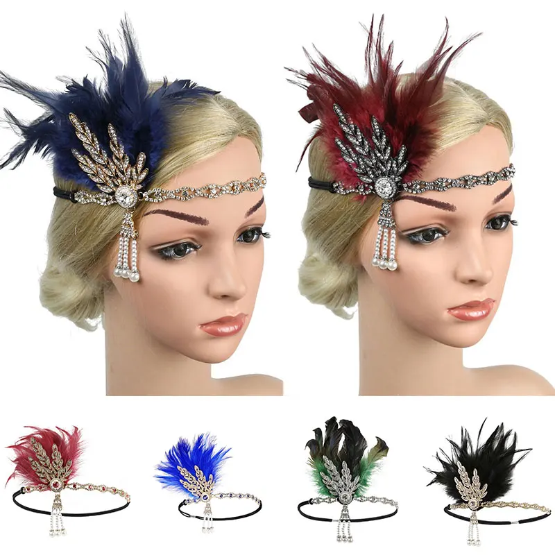 

Women Indian Beaded Flapper Elastic Vintage Feather Headband Rhinestone Sequin Party Headpiece Hair Accessories Cosplay