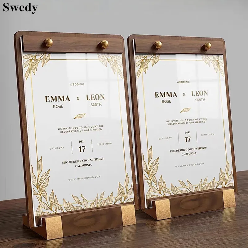 

A4 210x297mm 8.5x11 Inch Acrylic Sign Holder Menu Paper Advertising Display Stand Wood Base Price List Label Poster Frame