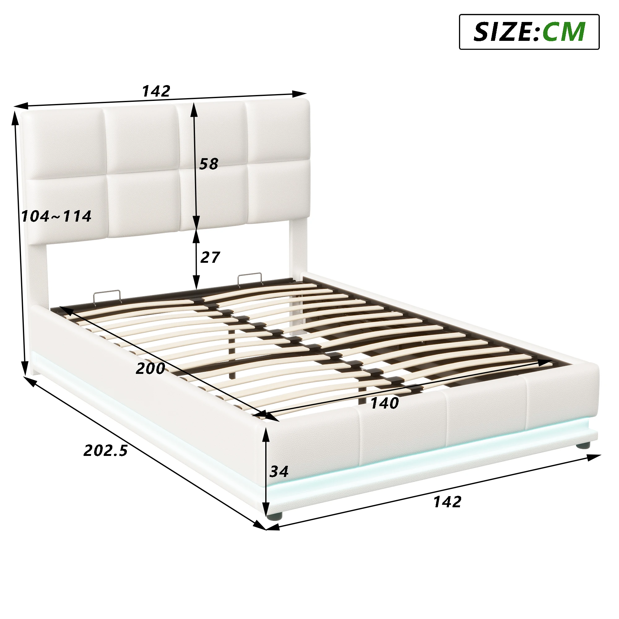Rosahqnda Polster-Doppelbett 140 x 190 cm mit hydraulischem Stauraum, Jugendbett mit LED und USB-Ladestation – Detail 7