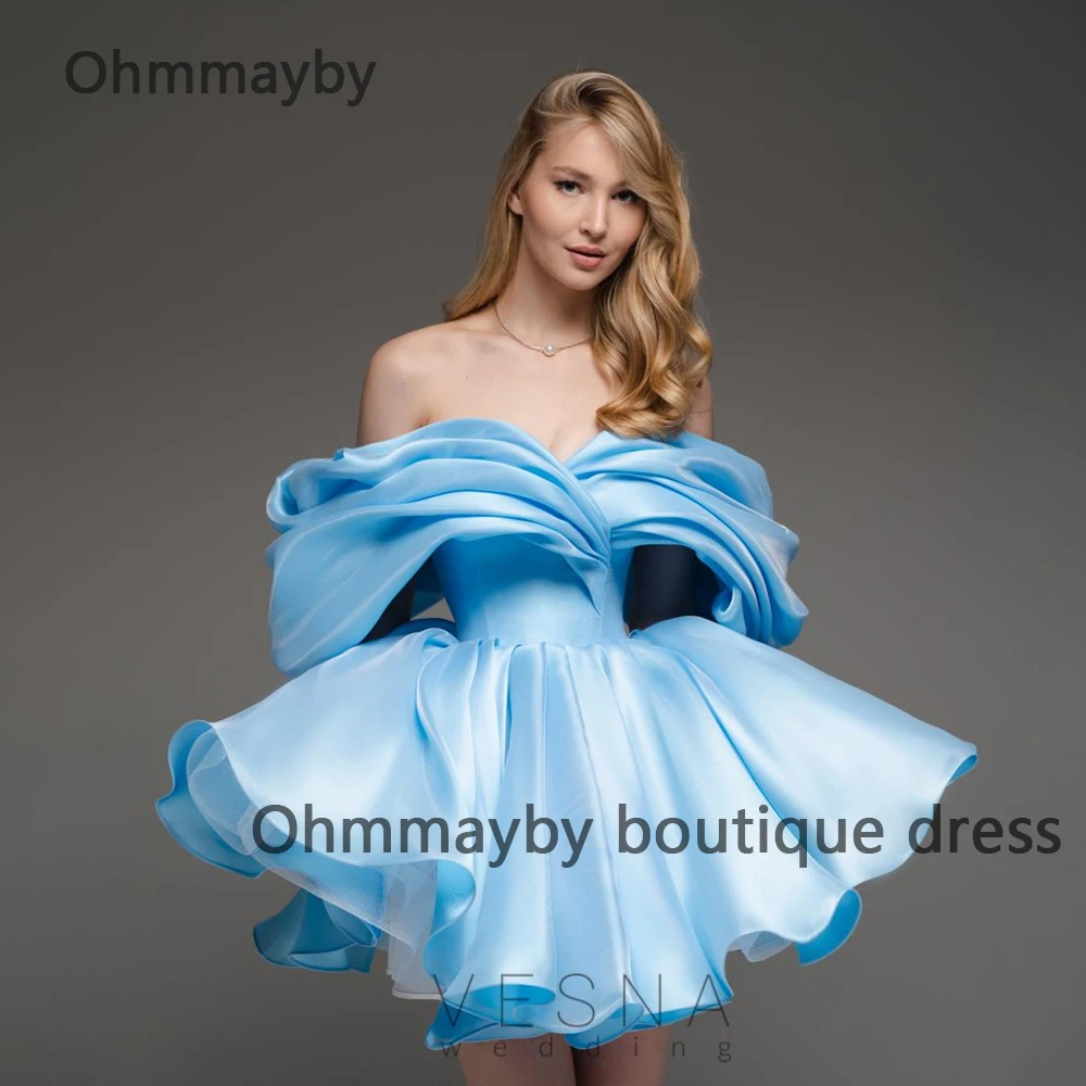 

Sky Blue Short Prom Homecoming Dresses 2024 Pleats Satin Off Shoulder Evening Party Dress with Pockets Gradaution Dress