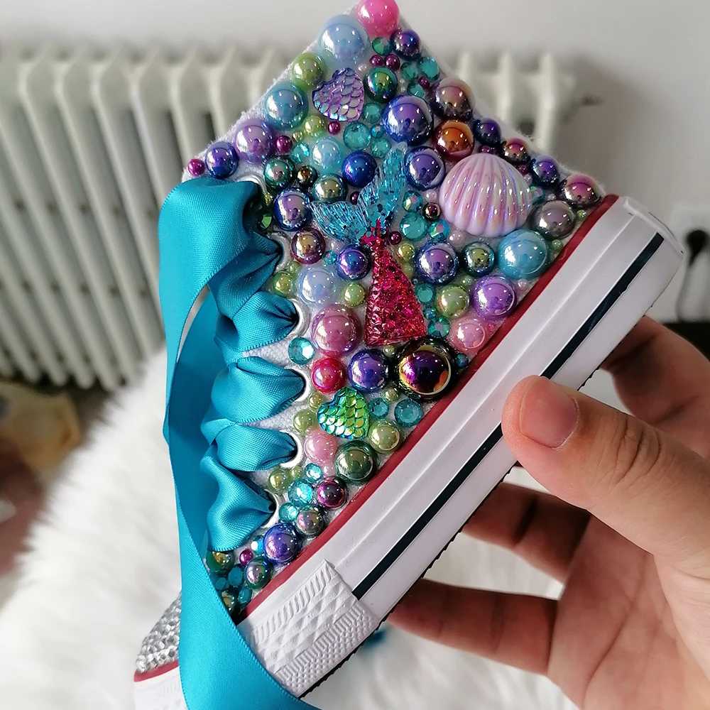 Handmade Rhinestones Bling Girls Womens Kids And Mother Candy Canvas Shoes Pearls Sneakers For Girl Birthday Party Wedding 5