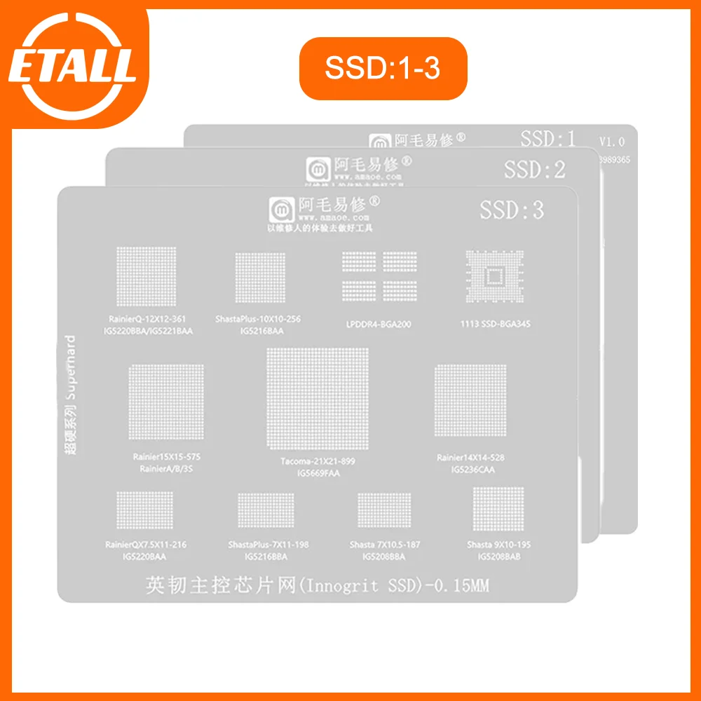 

Amaoe SSD1 2 3 BGA Reballing Stencil Template For DDR SSD NAND Memory IC BGA96/136/152/132/272/316/100/200/345/78/82/102/272/154