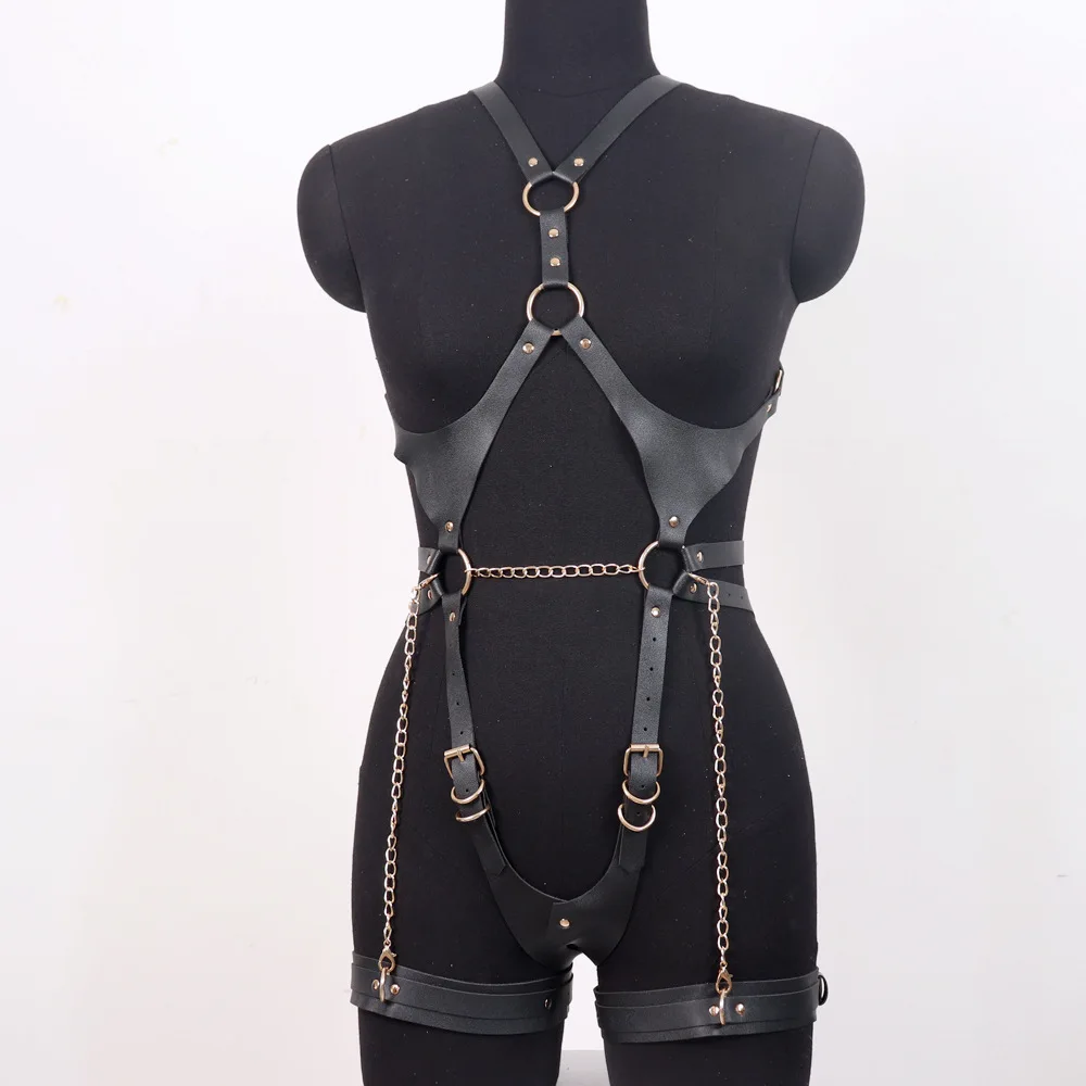 Set di biancheria intima per imbracatura per gambe in pelle punk sexy, collare per sadomaso, auto bondage, reggicalze per il corpo, cintura Feti_voghion.com