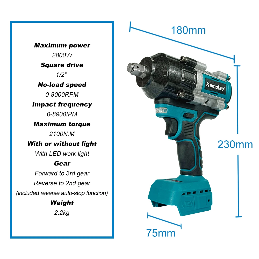 Kamolee 전기 임팩트 렌치, 2100 N.m, 높은 토크, 1/2 인치, 18V Makita 배터리와 호환 가능, 2100N.m