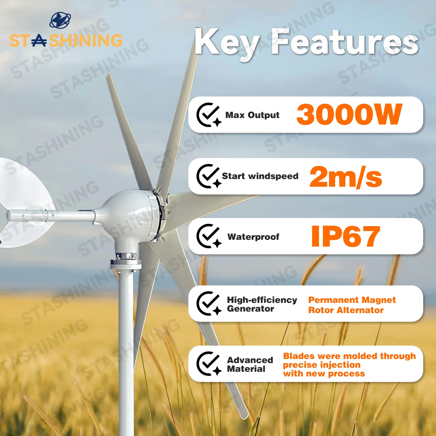 【Wyższa output】 pozioma Generator z turbiną wiatrowa 3000W wiatrak z ładowarką MPPT/System energii wiatrowej wykorzystujący energię słoneczną hybrydową, do użytku domowego 6 ostrzy