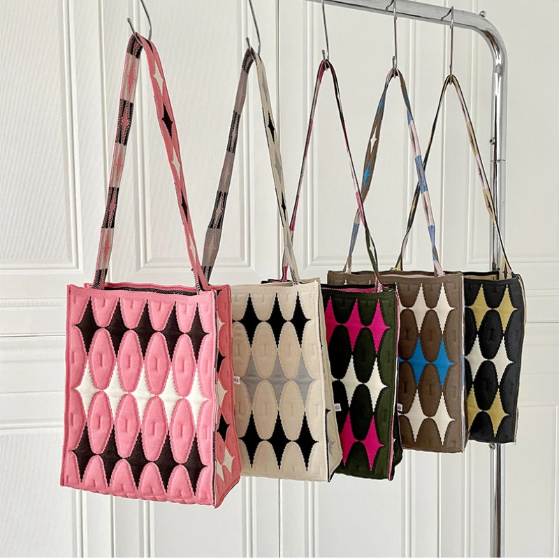 Tote Shoulder Bag Knitted Contrast Color Diamond Lattice Fashion Crossbody Bag Trendy Design Handbag Retro Style Bags for Women