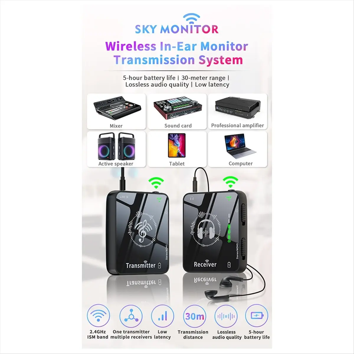 A23G 새로운 2.4GHz 무선 이어폰 모니터 전송 시스템, 모노/스테레오 지원, 충전식 송신기 및 수신기