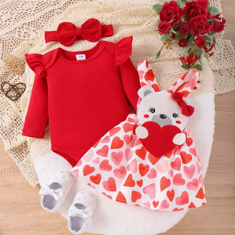 Ma & baby 발렌타인 데이 여아 옷 세트, 롬퍼, 곰 하트 프린트 스커트, 머리띠 의상, 0-18M, D05