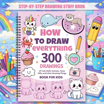 Guida per gli appassionati di pittura: 300 disegni passo dopo passo. Impara a disegnare simpatici animali, cibo e regali. Tutorial facile per principianti.