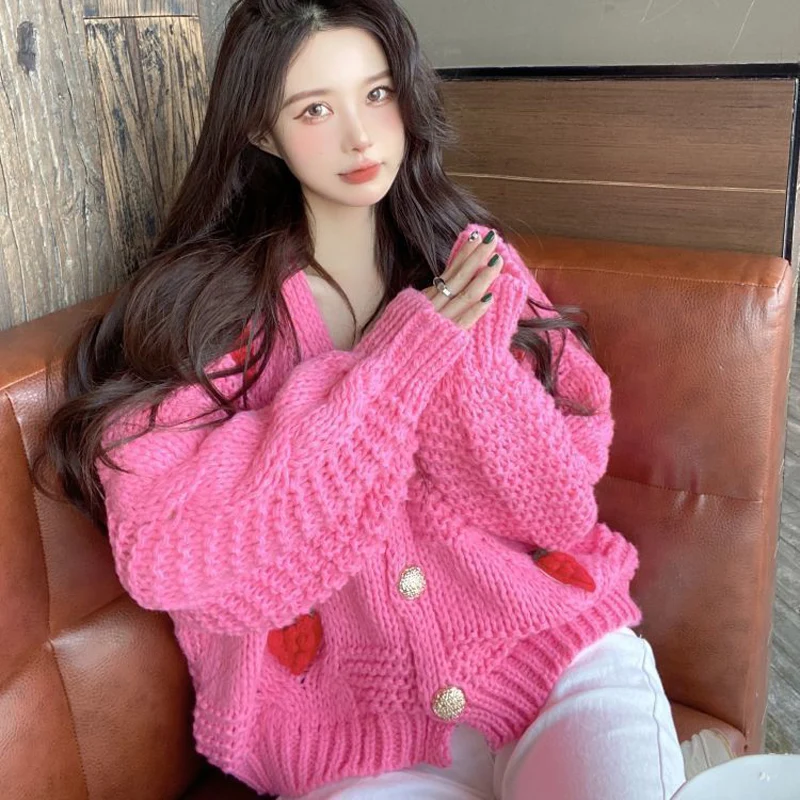 ZOKI 여성용 하라주쿠 딸기 루즈 가디건 스웨터, 긴 소매 한국 상의, 시크 여성 프레피 스타일 Y2k 스웨터, 가을 패션