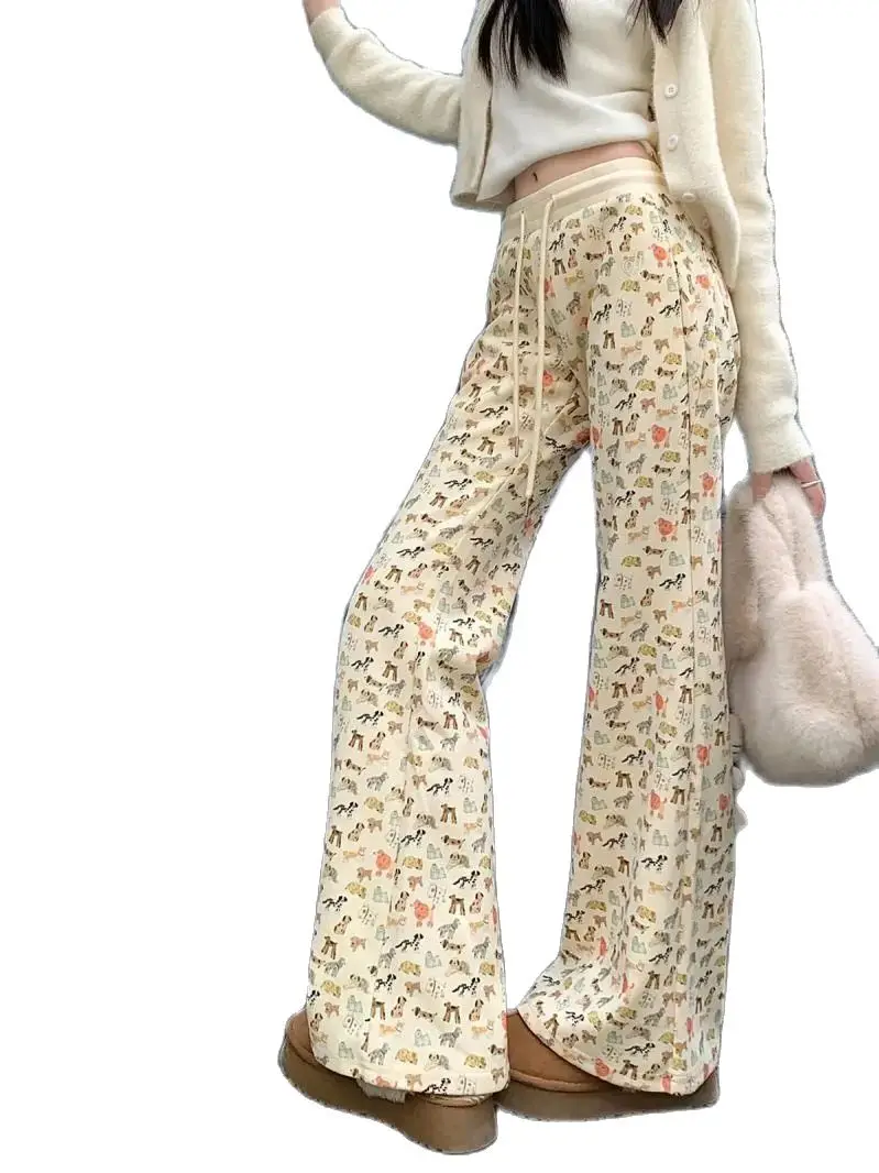 Trouser Pants Puppy Print Casual Sweat Y2k Female Autumn Winter Plus Fleece High Waisted Slim Rope Flared Straight Leg Pants