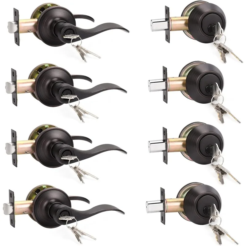 Door Lever Handle 4 Pack Keyed Alike with Single Cylinder Deadbolt