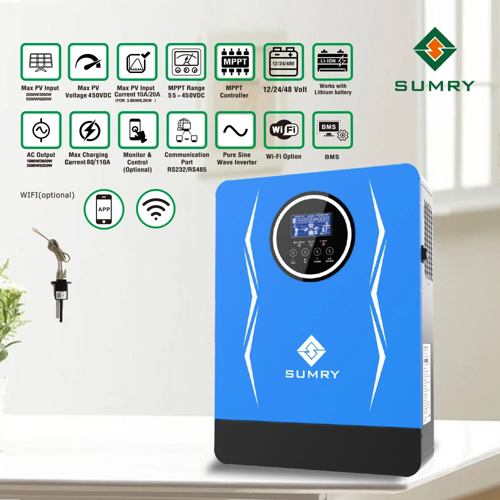 SUMRY SP 3kw 3.8kw 6.2kw Hybrid Solar inverter MPPT Pure Sine Wave 24V to  220v 80A Solar power AC inverter