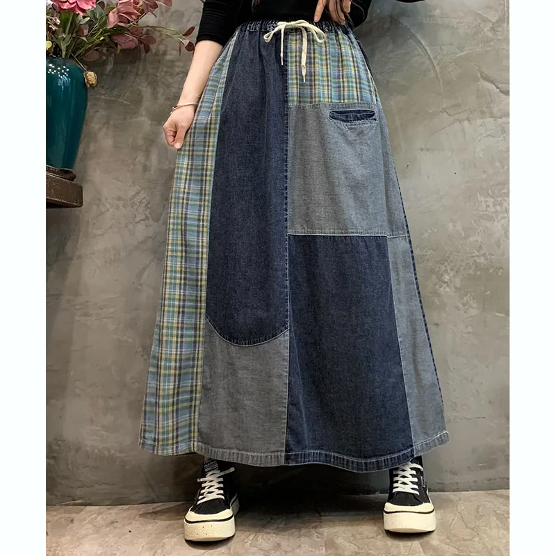 

Винтажная клетчатая Лоскутная синяя джинсовая юбка для женщин, летняя хлопковая длинная юбка-трапеция в стиле девушки Мори на шнуровке с высокой талией, повседневные ковбойские юбки