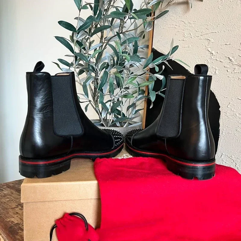 Chelsea Boots Black Rivet Punk Square Toe Slip-On Handmade Low-heeled Men Boots Business Men Shoes