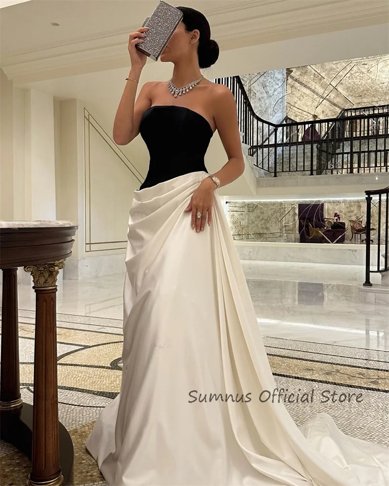 Sumnus Vintage arabische Abendkleider träger lose Satin schwarz/weiß Party kleider abendkleider Falten Dubai formelle Gelegenheit Kleid