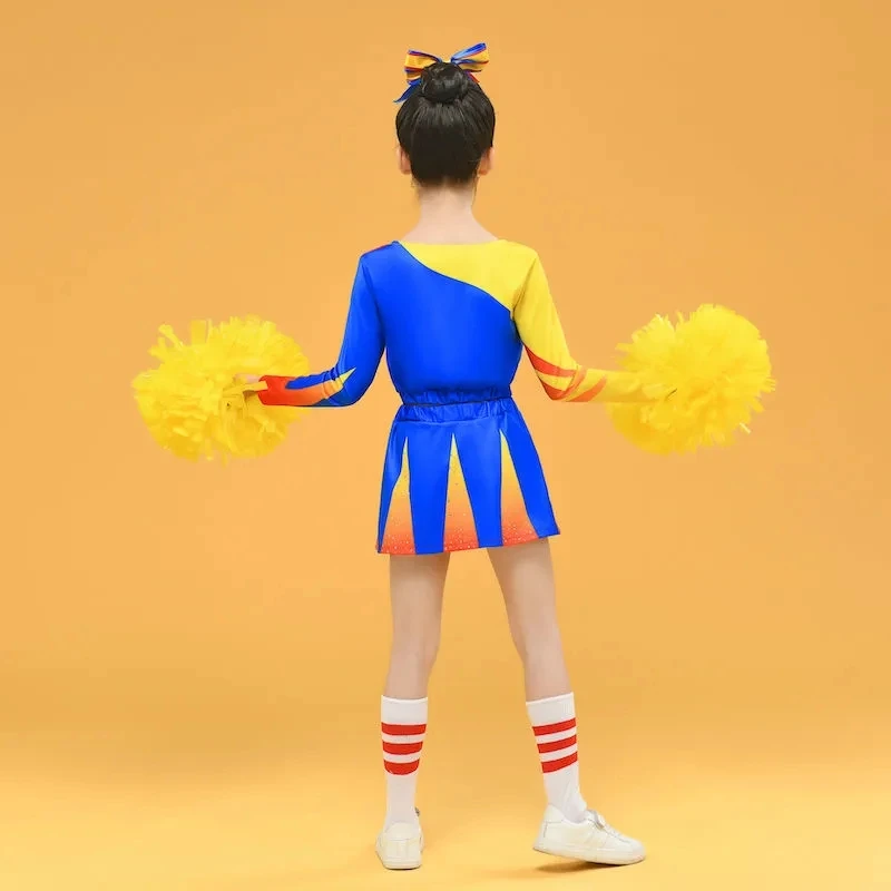 Pompon e calzini ragazze Cheerleading uniforme Flash Drill Costume da ballo maniche lunghe donna Cheerleader Outfit scollo tondo