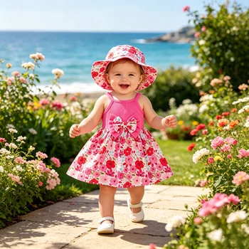 2Pcs Summer Baby Girl Dress Sleeveless Bow Flower Dress+Hat 0-3 Year Old Toddler Baby Girl Beach Vacation Casual Dress 1