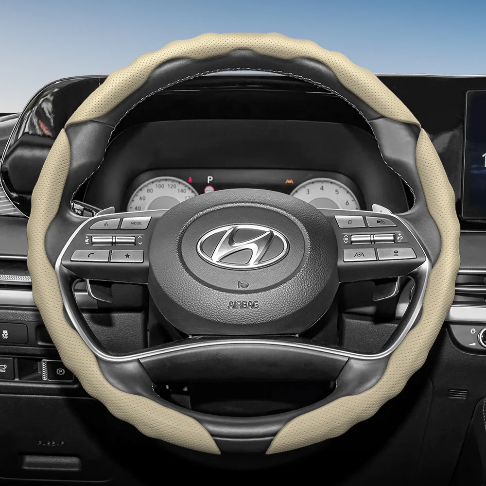 Steering Wheel Cover with Wavy Sports Design - Breathable Leather, Segmented Anti-Slip, Sweat-Absorbing Protective Cover