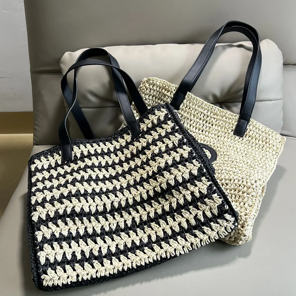 

Large Capacity Tote Bag for Women, AB Letter Striped Seagrass Woven Bag, Holiday Style Leather Shoulder Strap Large Handbag 2024