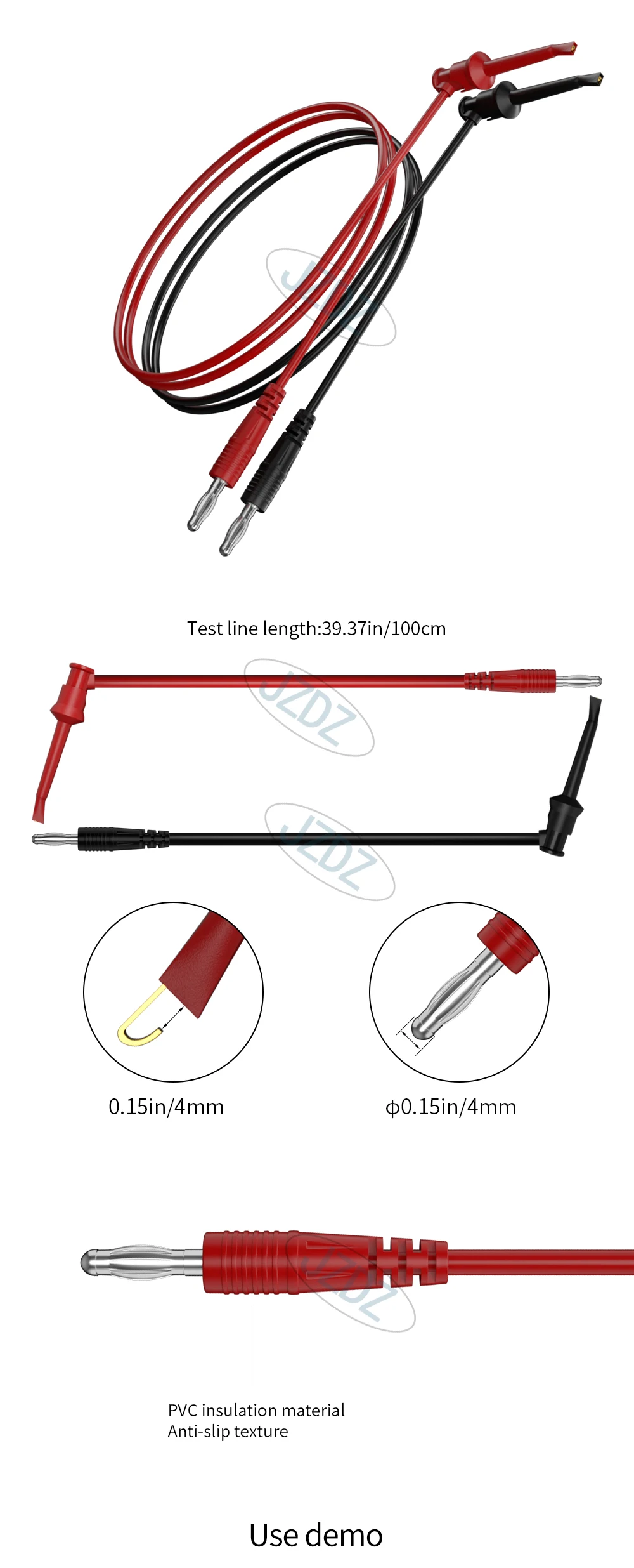 JZDZ 2 Stück Multimeter-Testleitungen Kabel 100 cm Doppelende 4mm Bananenstecker Elektrischer Anschluss DIY-Werkzeuge J.70055 – Detail 6